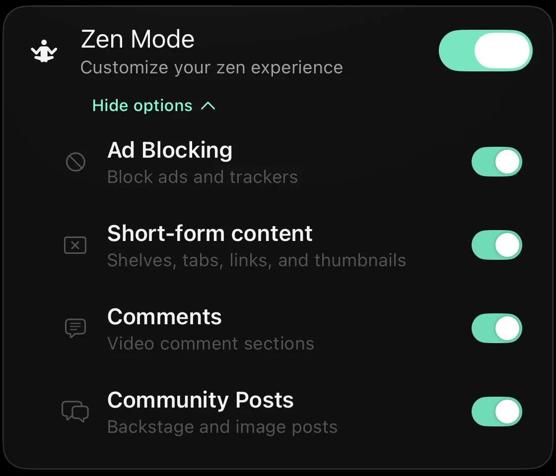 talavo の Zen Mode 設定：広告ブロック・短尺コンテンツ・コメント・コミュニティ投稿のトグル