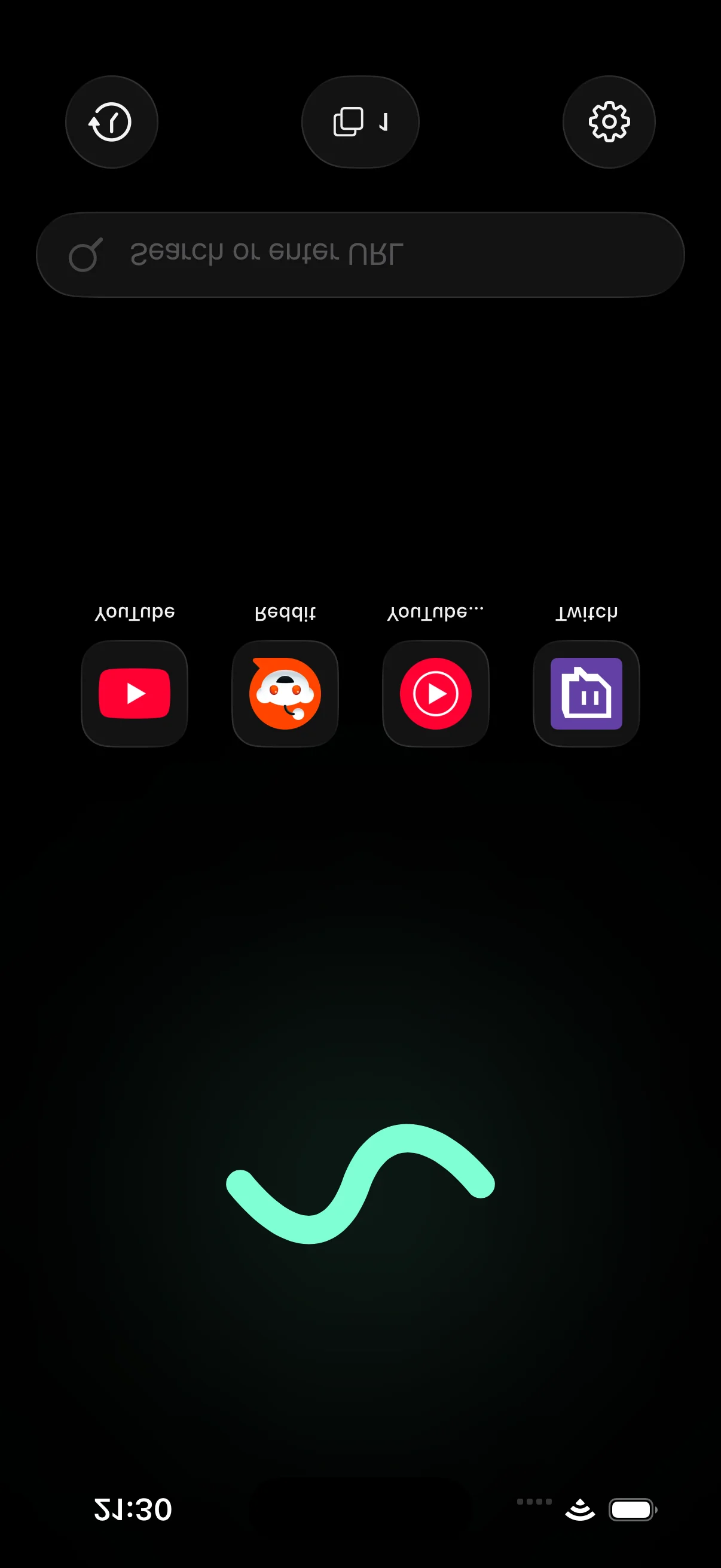 talavo home screen with shortcut grid for YouTube, Reddit, YT Music, Twitch